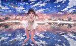  :d bangs bikini black_bikini black_hair blush bob_(biyonbiyon) commentary_request evening eyebrows_visible_through_hair floating_hair grey_eyes hair_ribbon horizon long_hair looking_at_viewer open_mouth original outdoors outstretched_arms ribbon see-through smile solo standing swimsuit 