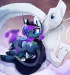  blue_eyes blue_fur cosmic_hair dragon eastern_dragon equine friendship_is_magic fur group horn magnaluna mammal my_little_pony princess_luna_(mlp) smile white_fur winged_unicorn wings 