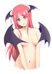  areolae bangs bat_wings breasts covering_nipples cropped_torso head_tilt head_wings jajao koakuma light_smile long_hair looking_at_viewer medium_breasts navel nude red_eyes red_hair shiny shiny_hair simple_background solo swept_bangs touhou white_background wings 