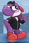  4_fingers anthro black_hair black_topwear blush bottomless brown_eyes clothed clothing dinosaur eyewear featureless_crotch felino footwear glasses hair hoodie mario_bros nintendo open_mouth purple_scales red_footwear red_scales scales shoes smile video_games waving white_scales yoshi 