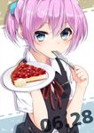  black_vest blue_eyes buttons cake cheesecake dated food fork fork_in_mouth fruit hair_between_eyes hikobae holding holding_fork holding_plate kantai_collection neck_ribbon pink_hair plate ponytail red_neckwear red_ribbon ribbon ringed_eyes school_uniform shiranui_(kantai_collection) shirt short_hair short_ponytail short_sleeves silver_eyes solo strawberry upper_body vest white_shirt 