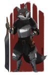  2017 alpha_channel anthro armor black_nose canine fur grey_fur male mammal melee_weapon purpleground02 red_background simple_background sword transparent_background weapon wolf yellow_eyes 