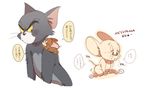  anthro atori blush cat duo feline fur japanese_text jerry_(tom_&amp;_jerry) mammal mouse rodent size_difference sweat text tom_(tom_&amp;_jerry) tom_and_jerry translation_request 