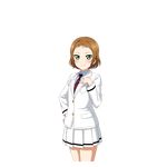  a-rise artist_request bangs blazer blush brown_hair green_eyes hand_on_hip hand_on_own_chest jacket kira_tsubasa looking_at_viewer love_live! love_live!_school_idol_festival love_live!_school_idol_project necktie official_art pleated_skirt school_uniform short_hair skirt smile solo striped striped_neckwear transparent_background uniform utx_school_uniform 