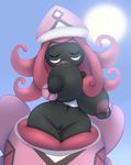  2016 big_breasts black_skin breast_suck breasts elfdrago eyes_closed female hair hi_res humanoid lactating legendary_pok&eacute;mon milk navel nintendo nipples pink_hair pok&eacute;mon pok&eacute;morph pussy self_suckle simple_background solo sucking sun tapu_lele video_games wide_hips 