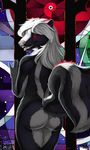  2017 5_fingers anthro black_fur butt female fur glass glowing glowing_eyes grey_fur hair looking_at_viewer looking_back mammal multicolored_fur raised_tail red_eyes sharp_teeth skunk solo stained_glass standing stripe teeth tongue tongue_out truegrave9 white_fur white_hair 
