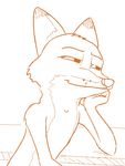  2017 anthro arm_support canine disney fox half-closed_eyes leaning_on_elbow male mammal monochrome nick_wilde nude orange_and_white reaction_image simple_background smile smirk solo tggeko white_background zootopia 