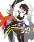  black_legwear blue_hakama brown_eyes brown_hair cowboy_shot crossover gen_6_pokemon gen_7_pokemon hair_between_eyes hakama highres holding japanese_clothes kaga_(kantai_collection) kantai_collection long_hair mtu_(orewamuzituda) muneate poke_ball pokemon pokemon_(creature) rowlet shadow side_ponytail talonflame tasuki thighhighs white_background 