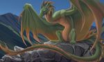  2017 ambiguous_gender blue_eyes claws digital_media_(artwork) dragon feral fridaflame frill green_scales horn kasslan mountain orange_scales outside rock scales silicas sitting solo wings wyvern 