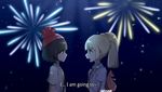  2girls beanie blush confession english fireworks from_side hat highres lillie_(pokemon) looking_at_another mizuki_(pokemon) multiple_girls night night_sky pokemon pokemon_(game) pokemon_sm red_hat satsumikan sky star_(sky) starry_sky text_focus yuri 