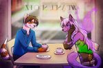  2013 5_fingers anthro blue_eyes brown_eyes canine cat clothed clothing detailed_background ear_piercing feline female fox green_eyes hair inside male mammal neotheta piercing sitting smile white_hair 