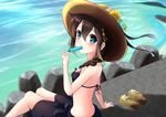  adapted_costume amagami_(makise_tsubaki) bikini black_bikini black_skirt blue_eyes blue_flower blush braid brown_hair eating flower food hair_between_eyes hair_flaps hat holding kantai_collection long_hair md5_mismatch ocean pink_flower popsicle remodel_(kantai_collection) shigure_(kantai_collection) single_braid sitting skirt solo swimsuit yellow_flower 