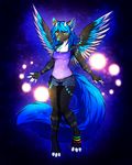  2013 4_toes anthro barefoot blue_hair breasts canine cat clothed clothing digitigrade ear_piercing feathered_wings feathers feline female fox hair horn hybrid mammal neotheta piercing smile solo standing toes wings yellow_eyes 