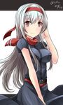  2017 black_dress breast_pocket breasts cosplay cowboy_shot dated dress hairband hebitsukai-san highres kantai_collection large_breasts long_hair looking_at_viewer neckerchief pocket red_eyes red_neckwear remodel_(kantai_collection) saratoga_(kantai_collection) saratoga_(kantai_collection)_(cosplay) shoukaku_(kantai_collection) silver_hair smile solo twitter_username 