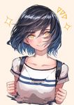  backpack bag bangs beige_background black_hair blush collarbone eyebrows_visible_through_hair grin looking_at_viewer original parted_lips shirt short_hair short_sleeves simple_background smile solo sparkle upper_body white_shirt window1228 yellow_eyes 