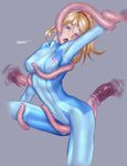  1girl artist_name blonde_hair blue_eyes metroid monster nintendo open_mouth otonaru restrained samus_aran simple_background tentacle zero_suit 