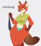 4_fingers absurd_res acstlu anthro black_nose bottomless breasts canine clothed clothing crossgender digital_media_(artwork) disney english_text eyelashes female fox front_view fur gloves_(marking) green_eyes grey_background hi_res mammal markings multicolored_fur navel necktie nick_wilde panties shirt simple_background skimpy smile solo standing text underwear undressing wide_hips zootopia 