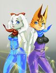  2017 anthro black_nose blue_eyes bodysuit bow brown_fur canine clothing dog duo fay_spaniel feline female fur hemo⭐3月大阪スタフォプチ hi_res jacket long_ears mammal miyu_lynx nintendo scarf signature skinsuit star_fox tight_clothing video_games 