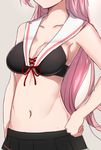  beige_background black_skirt breasts check_commentary collarbone commentary commentary_request girls_frontline hand_on_hip head_out_of_frame long_hair medium_breasts navel ntw-20_(girls_frontline) pink_hair pleated_skirt sailor_bikini sailor_collar skirt solo xiujia_yihuizi 