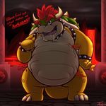  2017 anthro belly bowser claws collar detailed_background dialogue digital_media_(artwork) drooling english_text horn koopa lava male mario_bros nintendo nude onomatopoeia open_mouth saliva scalie signature solo sound_effects spikes stomach tanio teeth text toe_claws video_games vore 