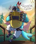  2017 accordion anthro avian beak belly biped bird breath_of_the_wild claws clothed clothing detailed_background dialogue digestion digital_media_(artwork) english_text kass_(zelda) male musical_instrument nintendo onomatopoeia open_mouth outside rito smile solo sound_effects tanio text the_legend_of_zelda video_games vore yellow_eyes 