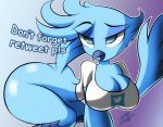 2019 avian big_breasts big_butt bird blue_eyes blue_feathers bottomless breasts butt cleavage clothed clothing feathers female huge_breasts mature_female skylight_(artist) solo text tweetfur twitter 