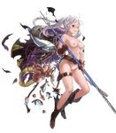  1girl belt boots braid breasts brown_eyes coat crown_braid female_my_unit_(fire_emblem:_kakusei) fire_emblem fire_emblem:_kakusei fire_emblem_heroes fish full_body gloves highres holding holding_weapon long_hair my_unit_(fire_emblem:_kakusei) nipples nude nude_filter octopus one_eye_closed photoshop polearm pussy solo swimsuit transparent_background trident twintails uncensored weapon white_hair 