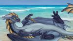 2017 ambiguous_gender axirpy beach blue_scales claws digital_media_(artwork) dragon feral fridaflame frill green_eyes horn lying open_mouth scales seaside solo spread_legs spreading teeth tongue wings 
