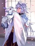  ahoge animal commentary_request fate/grand_order fate_(series) fou_(fate/grand_order) highres holding holding_animal hood long_hair looking_at_another male_focus merlin_(fate) nove_(legge) open_mouth petals purple_eyes robe smile standing white_hair wide_sleeves window 