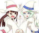  :o bangs blue_eyes blunt_bangs brown_hair diana_cavendish frown hat holding_hands kagari_atsuko little_witch_academia long_hair long_sleeves looking_at_viewer multiple_girls open_mouth red_eyes ribonzu simple_background spoilers v-shaped_eyebrows white_background white_hair white_hat wide_sleeves witch witch_hat 