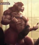  2016 abs anthro balls biceps big_penis black_penis body_hair brown_hair canine cum cum_drip dripping erection exercise fangs flexing fur gym hair hairy hi_res hyper hyper_muscles jewelry knot male mammal muscular muscular_male necklace nipples nude pecs penis precum solo standing sweat teeth thick_penis vein veiny_penis were werethrope werethrope_laporte werewolf wet wolf workout 