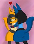  &lt;3 absurd_res alternate_color anthro aurapup backsack balls blue_fur bracelet butt canine duo eyes_closed eyewear fur glasses hi_res jewelry kissing lucario male male/male mammal nintendo orange_fur pok&eacute;mon rali simple_background video_games 