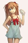  bangs bare_shoulders blue_eyes bottle bow contrapposto cowboy_shot flat_chest hair_ornament hand_on_hip hankuri lingerie long_hair neon_genesis_evangelion one_eye_closed open_mouth orange_hair red_bow simple_background skinny solo souryuu_asuka_langley standing underwear white_background 