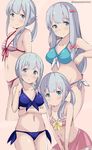  alternate_breast_size aqua_bikini banned_artist bikini blue_bikini blue_eyes blue_hair bow cosplay cowboy_shot eromanga_sensei expressions front-tie_top hair_bow izumi_sagiri long_hair low-tied_long_hair low_twintails multiple_views navel pink_background pink_bikini pink_bow senju_muramasa senju_muramasa_(cosplay) side-tie_bikini silver_hair simple_background striped striped_bikini swimsuit tasora twintails twitter_username yamada_elf yamada_elf_(cosplay) 