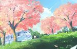  1girl absurdres arm_at_side artist_name black_hair blue_sky bus cloud dated day grass ground_vehicle highres mochy motor_vehicle outdoors petals scenery sign sky standing tree umbrella_on_arm 