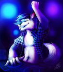  2013 5_fingers anthro blue_hair blue_nose canine clothed clothing dj eyes_closed fur hair male mammal neotheta open_shirt smile solo teeth white_fur wolf 