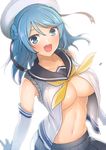  :d bare_shoulders beret black_skirt bloom blue_eyes blue_hair blush breasts center_opening collarbone commentary_request double_bun elbow_gloves gloves hair_between_eyes hat kantai_collection large_breasts long_hair looking_at_viewer navel neckerchief open_clothes open_mouth open_shirt pleated_skirt sailor_hat school_uniform serafuku shiba_nanasei shirt simple_background skirt sleeves_rolled_up smile solo stomach underboob upper_body urakaze_(kantai_collection) v-shaped_eyebrows white_background white_gloves white_hat yellow_neckwear 