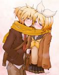  1girl bag black_skirt blue_eyes blush bow brown_jacket brown_pants closed_mouth commentary_request cowboy_shot denim face-to-face hair_bow hairband hand_in_pocket incest jacket kagamine_len kagamine_rin looking_at_another neckerchief necktie open_clothes open_jacket orange_hair pants pleated_skirt red_neckwear scarf school_bag school_uniform serafuku shared_scarf short_hair short_ponytail siblings skirt smile twincest twins vocaloid white_bow yellow_scarf yuzuriha_p 