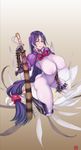  absurdres artist_name bodysuit breasts covered_nipples fate/grand_order fate_(series) fingerless_gloves flower gloves highres large_breasts lily_(flower) long_hair looking_at_viewer low-tied_long_hair meme50 minamoto_no_raikou_(fate/grand_order) open_mouth purple_eyes purple_hair simple_background skin_tight smile solo sword very_long_hair weapon 