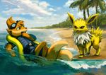  beach eeveelution erebus fan_character floatzel grumpy invalid_background jolteon male nintendo pok&eacute;mon rikyuu scared seaside spalsh tyma video_games water zapping 