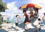  3girls ahoge backpack bag beach_umbrella black_hair blush braid brown_hair bucket bukimi_isan butterfly_net chair closed_eyes cloud commentary_request day dress fan folding_chair food glasses green_eyes hand_net handbag ice_cream idolmaster idolmaster_million_live! kinoshita_hinata long_hair multiple_girls old_woman open_mouth outdoors paper_fan parasol sandals shadow shoes short_hair signpost skirt sky smile sneakers sunlight takayama_sayoko tongue tongue_out tree twin_braids uchiwa umbrella water 