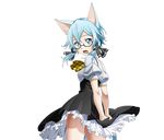  animal_ears arms_behind_back black-framed_eyewear black_ribbon black_skirt blue_eyes blue_hair cat_ears cat_tail cowboy_shot from_behind glasses hair_between_eyes hair_ribbon high-waist_skirt looking_at_viewer looking_back official_art open_mouth ribbon shirt short_hair_with_long_locks short_sleeves sidelocks sinon sinon_(sao-alo) skirt solo standing sword_art_online sword_art_online:_code_register tail transparent_background white_shirt 