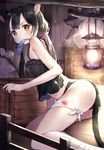  animal_ears ass bad_id bad_pixiv_id bandaged_leg bandages bare_shoulders black_hair black_panties black_shirt blurry box breasts cat_ears cat_tail depth_of_field fence fish_in_mouth frilled_shirt frills indoors injury lamp lib light_particles long_hair looking_at_viewer looking_back low_twintails mouth_hold no_pants original panties sack shirt sleeveless sleeveless_shirt small_breasts solo spaghetti_strap sweatdrop tail twintails underwear wooden_fence wooden_floor yellow_eyes 