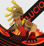  alternate_color artist_name beard character_name dark_skin dark_skinned_male dj facial_hair fingerless_gloves gloves grey_background hairlocs headphones kusukusu723 long_hair lucio_(overwatch) male_focus overwatch ponytail red_eyes solo sunglasses tattoo teeth tongue tongue_out upper_body 