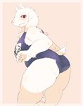  2017 5_fingers anthro big_breasts blush border breasts butt caprine clothing embarrassed female floppy_ears fur goat hi_res horn kemono lo_liero looking_back mammal one-piece_swimsuit portrait rear_view red_eyes school_swimsuit simple_background slightly_chubby solo standing swimsuit three-quarter_portrait toriel undertale video_games white_fur 