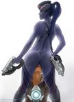  2girls artist_name ass blue_hair blue_skin cunnilingus from_behind gun head_mounted_display licking long_hair looking_back multiple_girls overwatch ponytail pussy saliva tattoo thighhighs tongue tracer_(overwatch) weapon web_address widowmaker_(overwatch) yellow_eyes yuri 