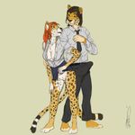  2017 aroused bottomless breasts cleavage clothed clothing clothing_lift dress_pants dress_shirt feline female jonas-pride leopard male male/female mammal necktie pants_tent partially_clothed pussy school_girl_uniform shirt skirt skirt_lift tenting 