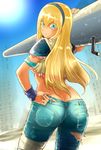  1girl ass blonde_hair blue_eyes breasts butt_crack denim from_behind hairband hyd jeans long_hair looking_at_viewer looking_back medium_breasts pantylines rosa_felmonde shiny shiny_clothes shiny_hair shiny_skin shoulder_pads sideboob smile solo standing undercover_cops wristband 