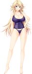  amakimihara_monika areolae ass_visible_through_thighs bare_legs barefoot blonde_hair blue_eyes blue_swimsuit blush breasts choco_chip collarbone covered_nipples ero_zemi full_body hand_on_hip highres large_breasts long_hair looking_at_viewer official_art solo swimsuit transparent_background 