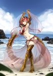  armpits arms_up barbariank beach bikini blue_sky brass_dragon breasts claws cloud commentary dancer dancing day dragon_girl dragon_tail dungeons_and_dragons elbow_gloves full_body gloves gold gold_armor gorget greaves highres horn looking_at_viewer medium_breasts monster_girl navel navel_piercing ocean open_mouth outdoors pale_skin personification piercing pink_hair pinky_out rock sarong scales see-through short_hair side-tie_bikini sideboob sky slit_pupils smile solo swimsuit tail thighhighs underboob water yellow_eyes 